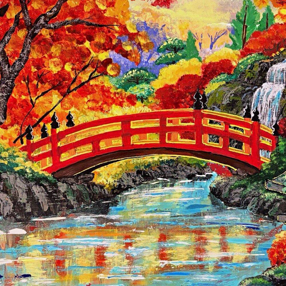 Original Acrylic Painting 8x10 Red Bridge Japanese Garden Fall Landscape Art